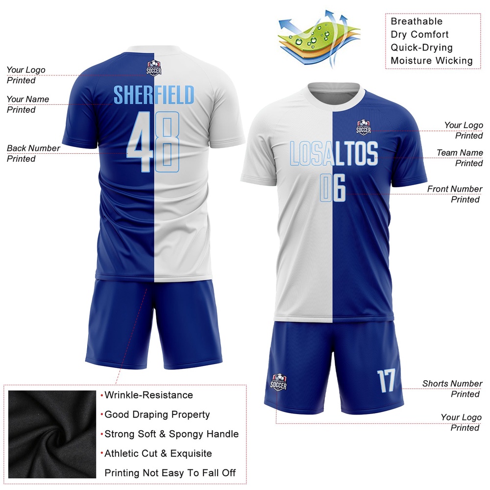 Royal White Light Blue Sublimation Split Fashion Soccer Uniform Jersey, Custom Team Soccer Jersey Shirt