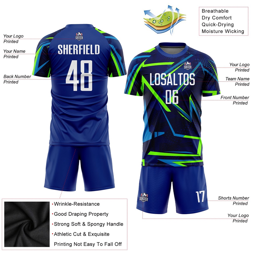 Royal White Neon Green Sublimation Soccer Uniform Jersey_6206, Custom Team Soccer Jersey Shirt
