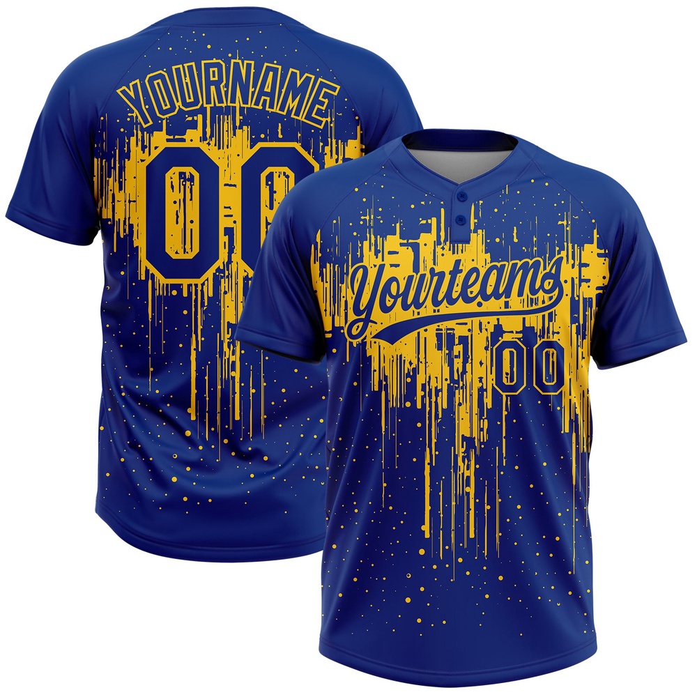 Royal Yellow 3D Pattern Dripping Splatter Art Two Button Unisex Softball Jersey, Custom Team Softball Jersey Royal Yellow 3D Pattern Dripping Splatter Art Two Button Unisex Softball Jersey, Custom Team Softball Jersey