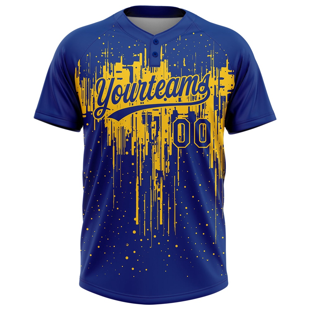 Royal Yellow 3D Pattern Dripping Splatter Art Two Button Unisex Softball Jersey, Custom Team Softball Jersey Royal Yellow 3D Pattern Dripping Splatter Art Two Button Unisex Softball Jersey, Custom Team Softball Jersey