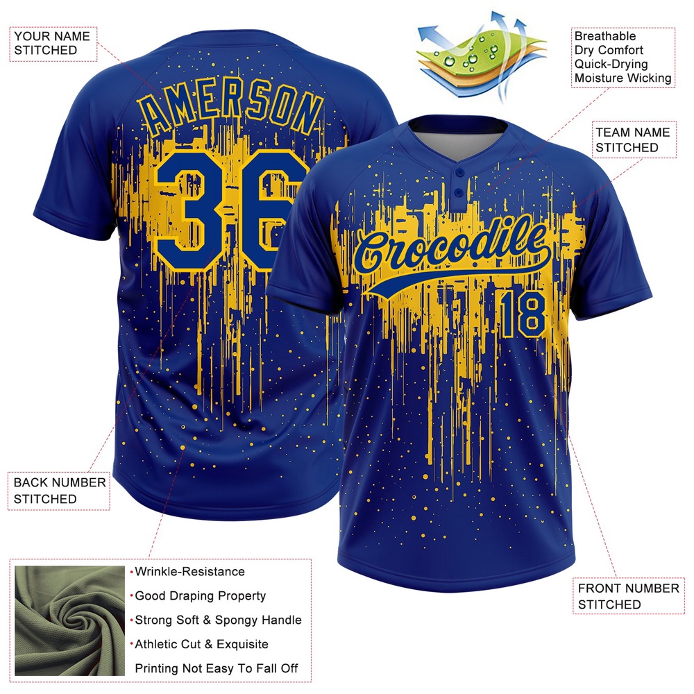 Royal Yellow 3D Pattern Dripping Splatter Art Two Button Unisex Softball Jersey, Custom Team Softball Jersey Royal Yellow 3D Pattern Dripping Splatter Art Two Button Unisex Softball Jersey, Custom Team Softball Jersey
