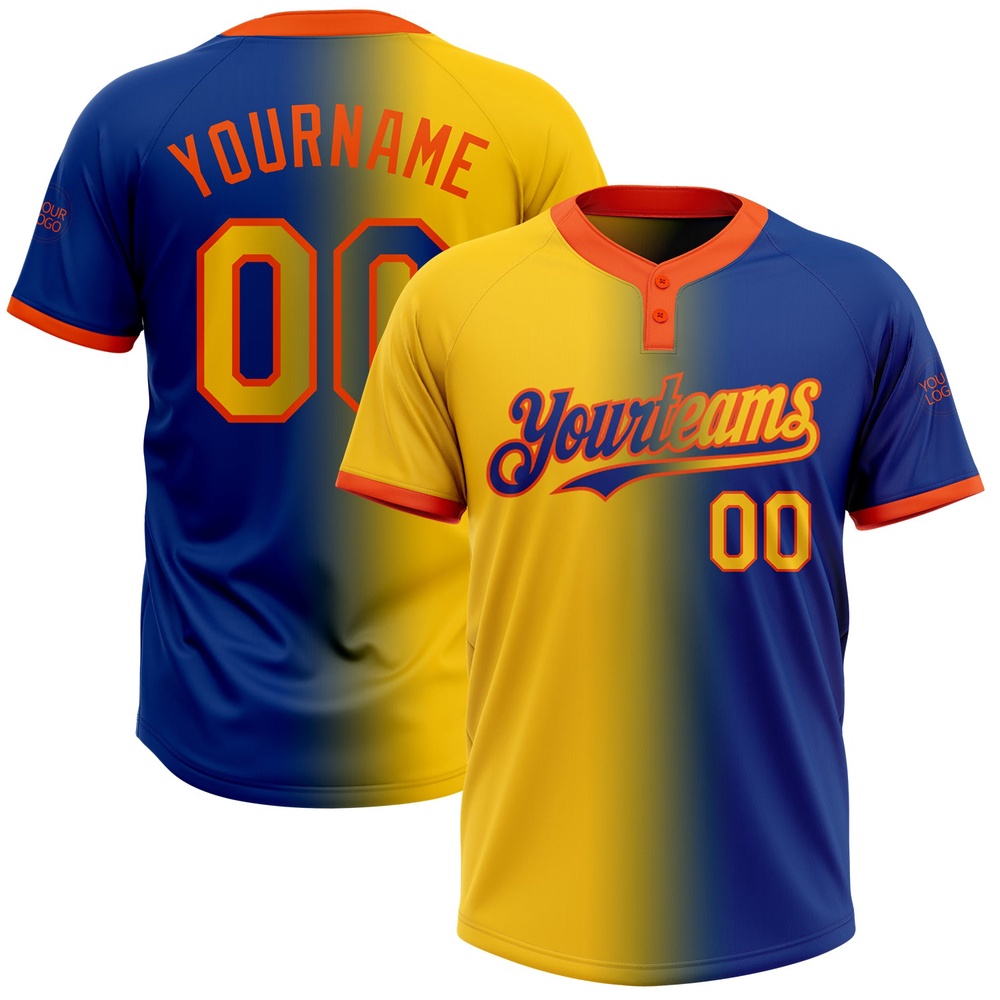 Royal Yellow Orange Gradient Fashion Two Button Unisex Softball Jersey, Custom Team Softball Jersey Royal Yellow Orange Gradient Fashion Two Button Unisex Softball Jersey, Custom Team Softball Jersey