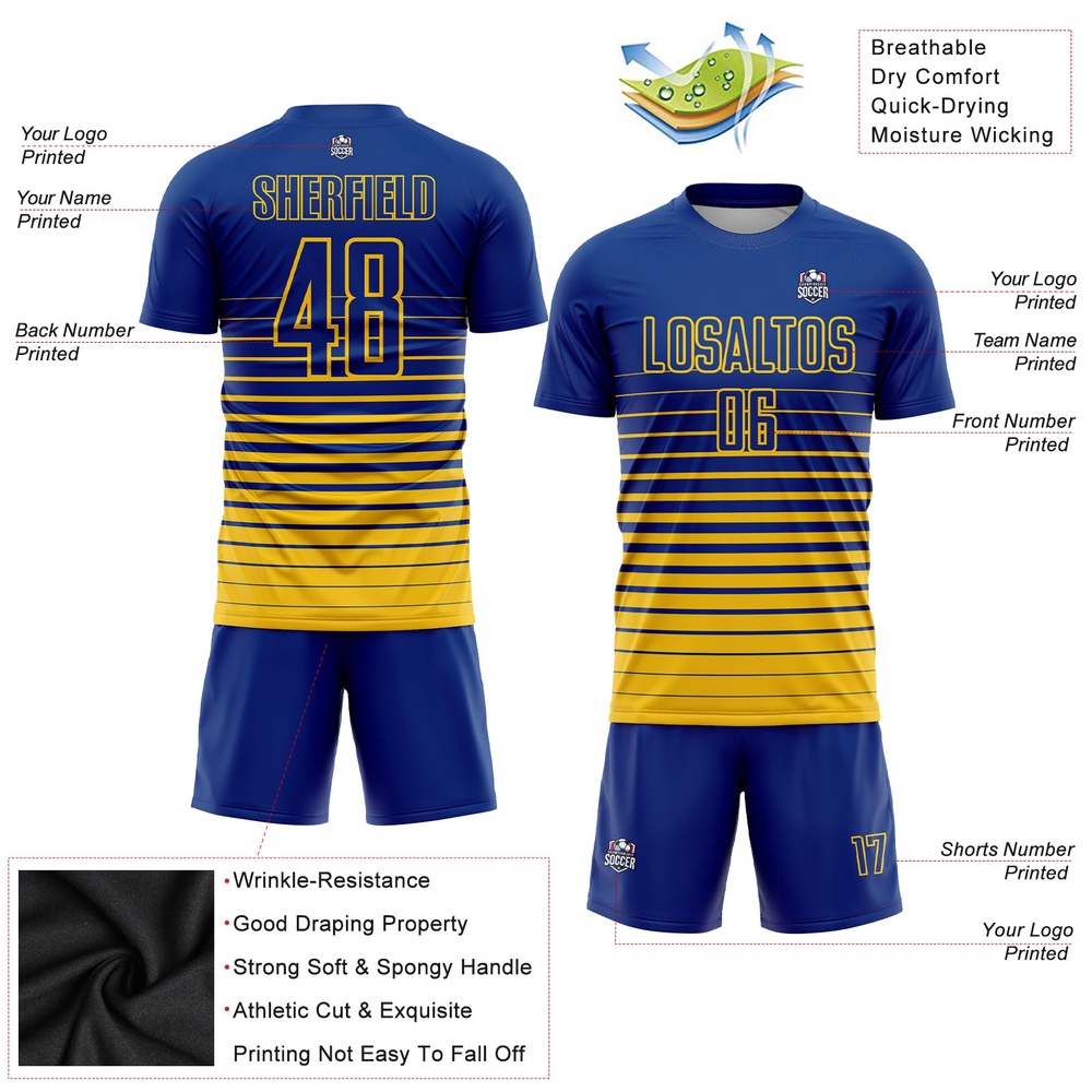 Royal Yellow Pinstripe Fade Fashion Sublimation Soccer Uniform Jersey, Custom Team Soccer Jersey Shirt