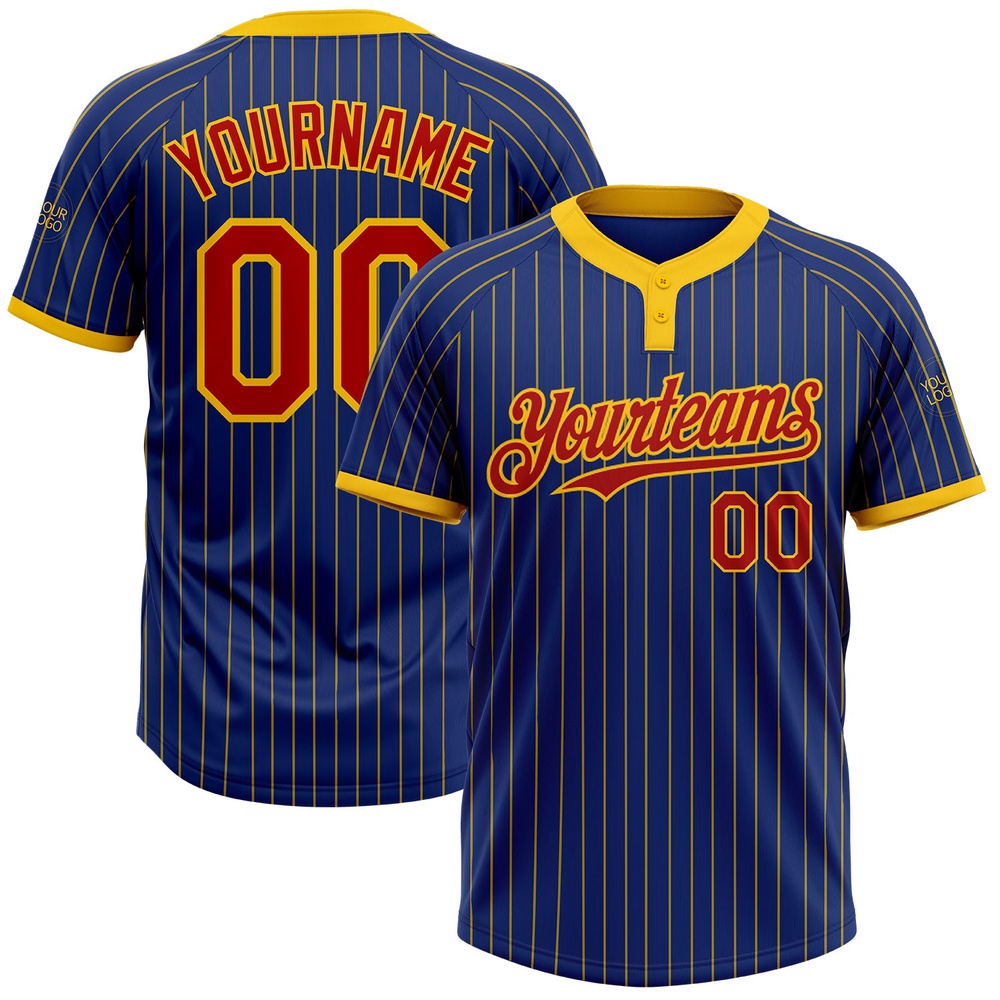 Royal Yellow Pinstripe Red Two Button Unisex Softball Jersey, Custom Team Softball Jersey Royal Yellow Pinstripe Red Two Button Unisex Softball Jersey, Custom Team Softball Jersey