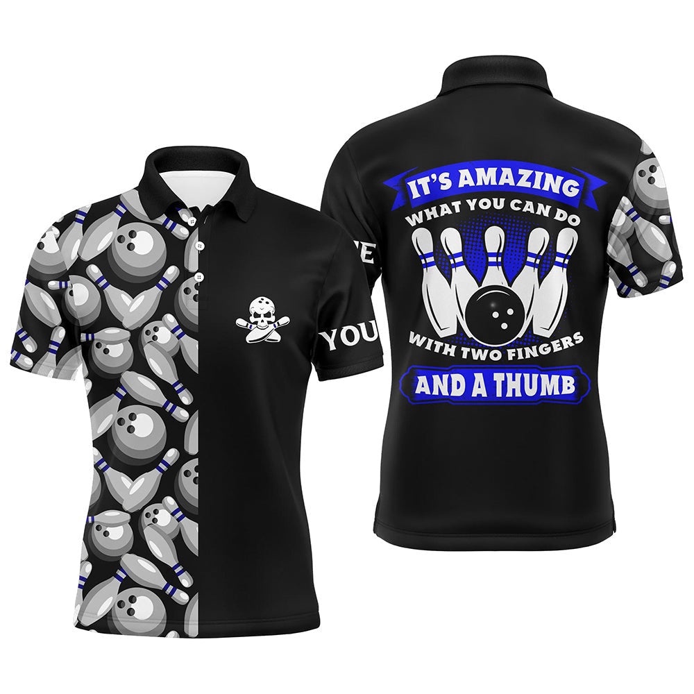 Skull Black Mens Bowling Polo Shirt Custom It’S Amazing What You Can Do With Two Fingers And A Thumb, Personalized Bowling Team Shirt