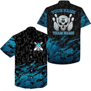 Skull Bowling Hawaiian Shirt Blue Bowling Skeleton,…
