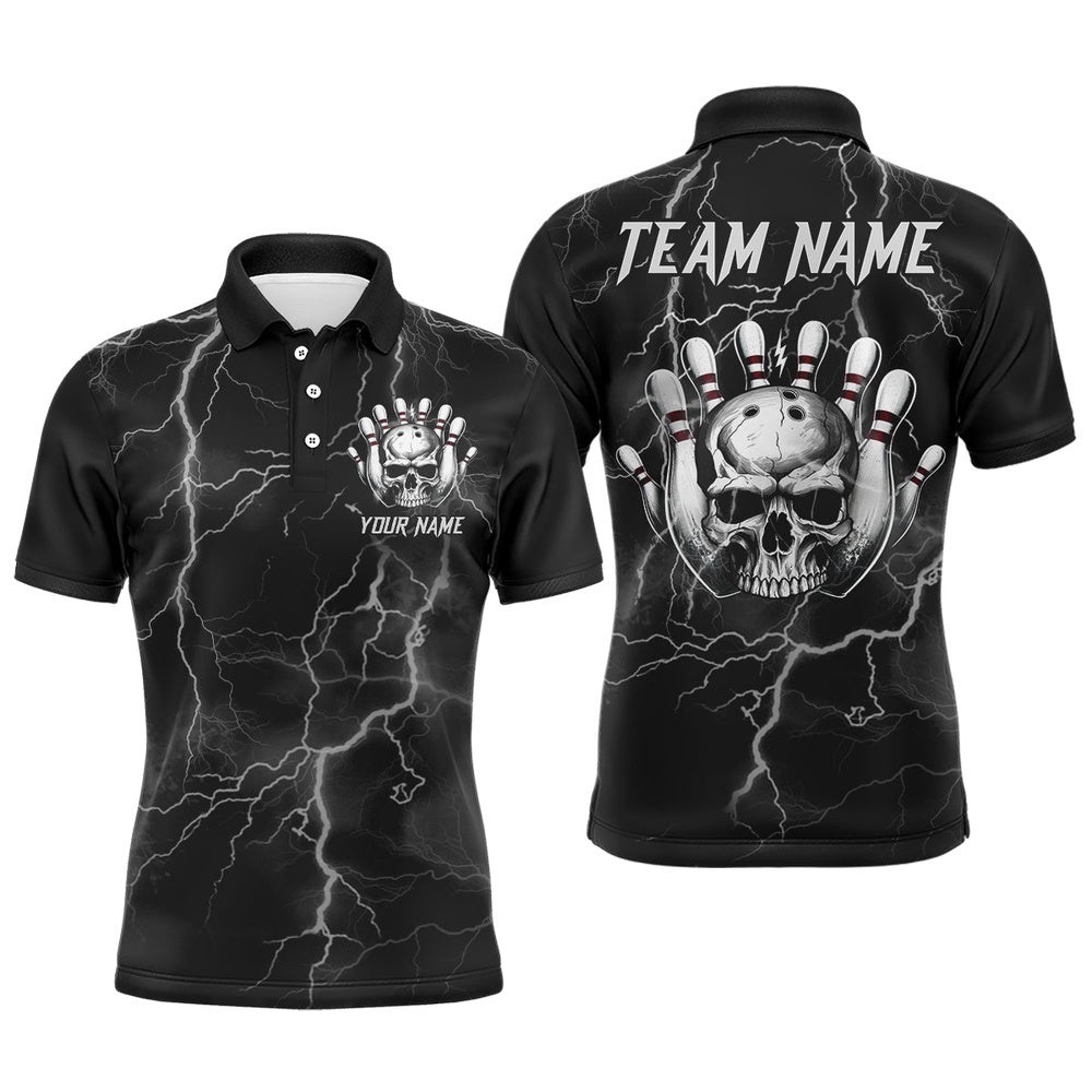 Skull Bowling League Shirt Men Bowling Polo Shirt Team Lightning Thunder Bowling Polo Shirt, Personalized Bowling Team Shirt