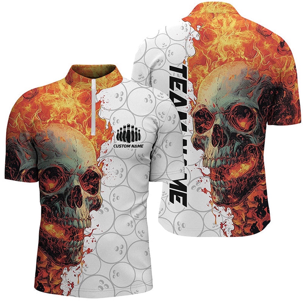 Skull Bowling Shirt For Men And Women Team’S Name Flame Bowler Jersey, Custom Bowling Team Jersey Shirt