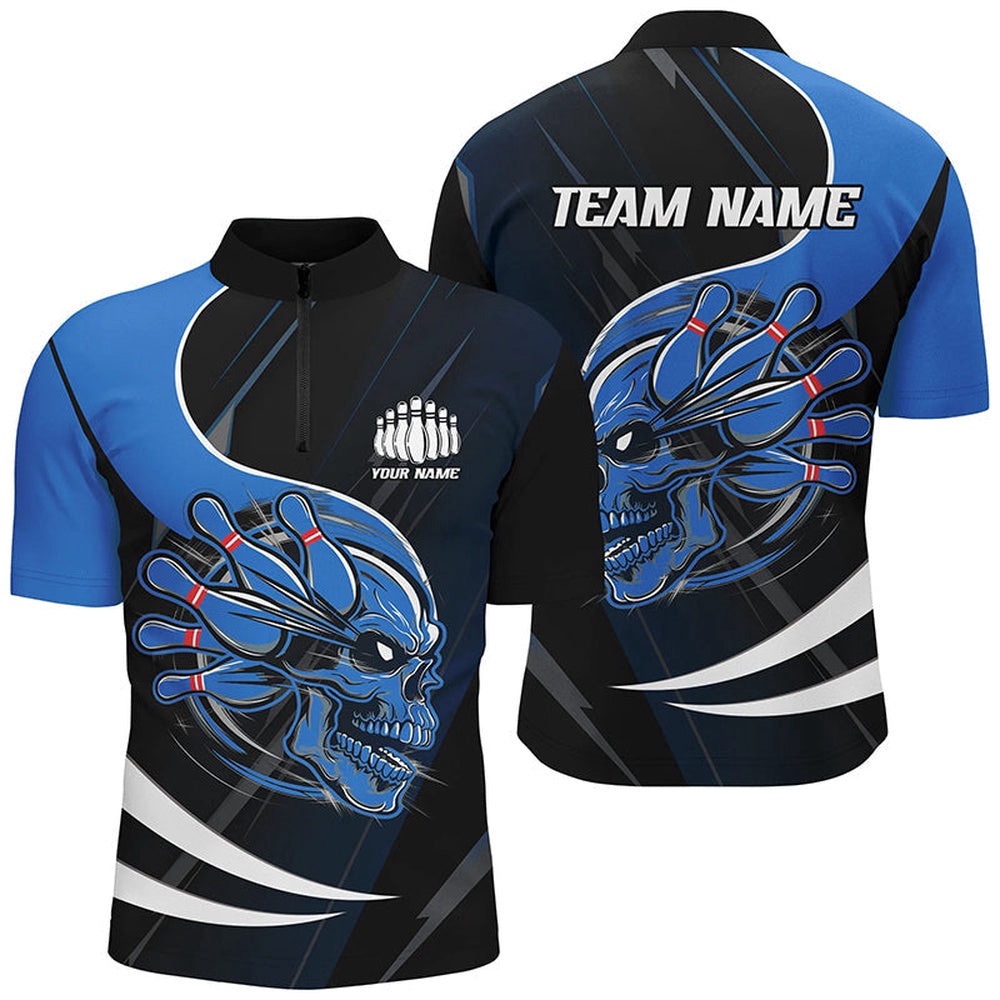 Skull Bowling Shirts For Men, Bowling Team Shirts Uniform Outfit Blue, Custom Bowling Team Jersey Shirt