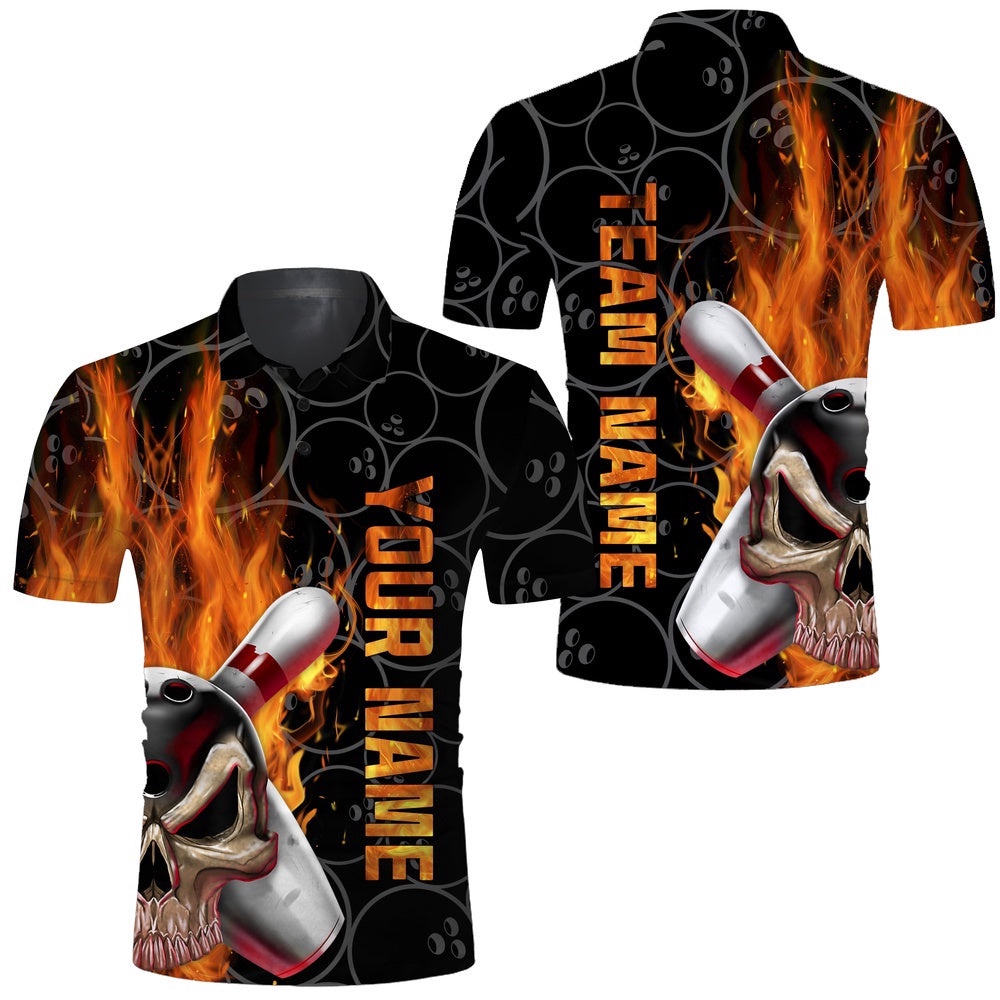 Skull Flame Men Polo Bowling Shirt, Cool Men Bowlers Polo Shirt Short Sleeves, Personalized Bowling Team Shirt