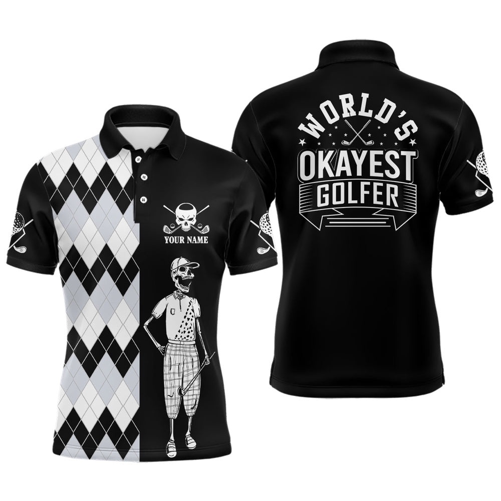 Skull Funny Golf Custom Name Polo Shirt Black & White Argyle Golf Shirts For Men, Golf Polo Shirt, Golf Shirts