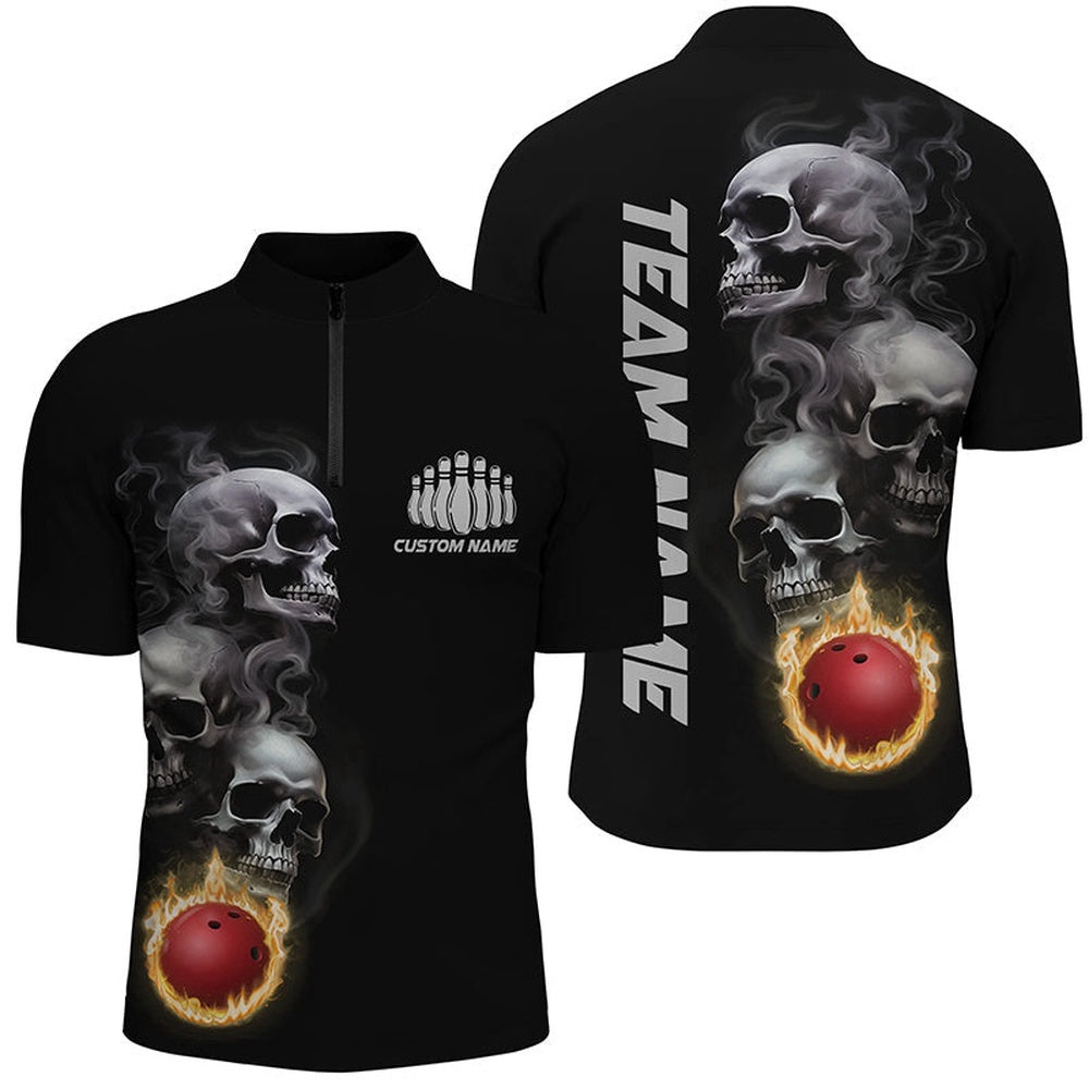 Skull Tattoo Flame Bowling Ball Men’s Polo Bowling Shirts, Bowling Team Outfit, Custom Bowling Team Jersey Shirt
