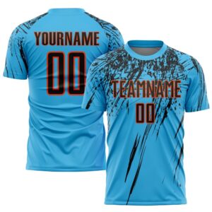 Sky Blue Black Orange Sublimation Soccer Uniform…