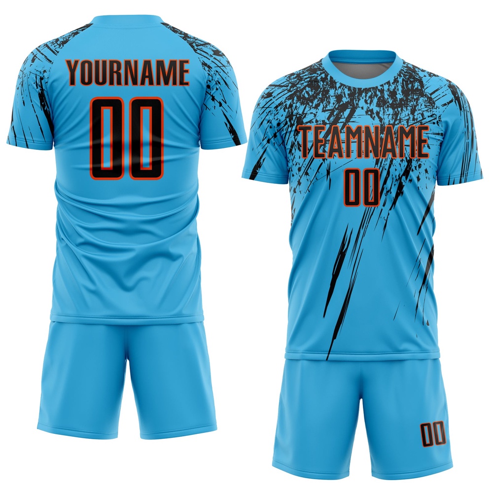 Sky Blue Black Orange Sublimation Soccer Uniform Jersey, Custom Team Soccer Jersey Shirt