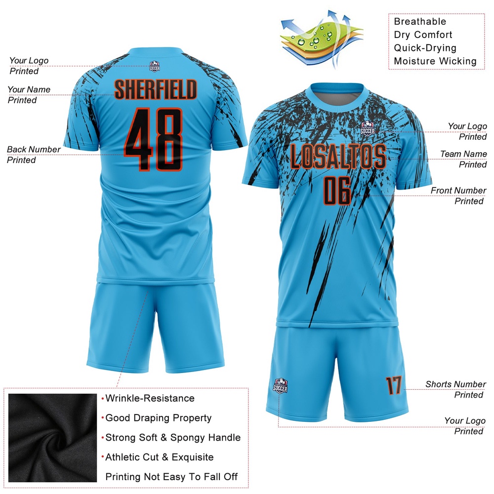 Sky Blue Black Orange Sublimation Soccer Uniform Jersey, Custom Team Soccer Jersey Shirt