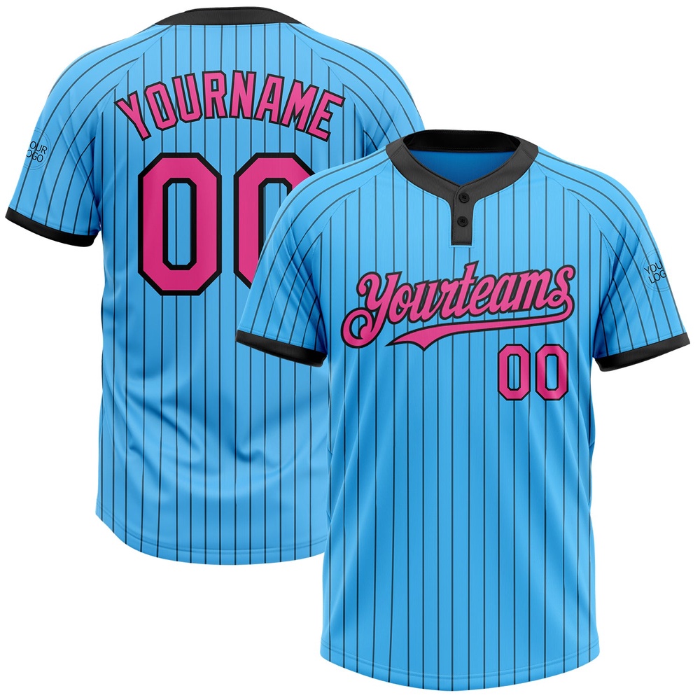 Sky Blue Black Pinstripe Pink Two Button Unisex Softball Jersey, Custom Team Softball Jersey Sky Blue Black Pinstripe Pink Two Button Unisex Softball Jersey, Custom Team Softball Jersey
