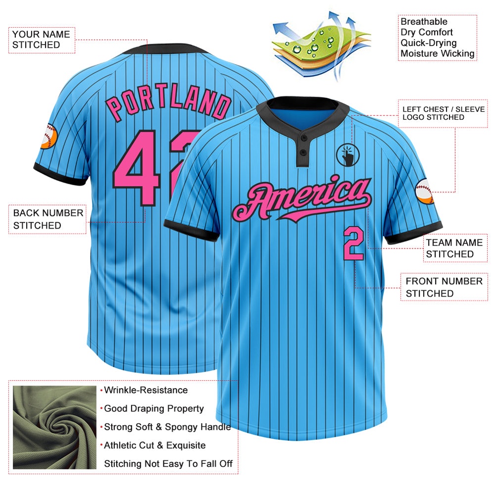 Sky Blue Black Pinstripe Pink Two Button Unisex Softball Jersey, Custom Team Softball Jersey Sky Blue Black Pinstripe Pink Two Button Unisex Softball Jersey, Custom Team Softball Jersey