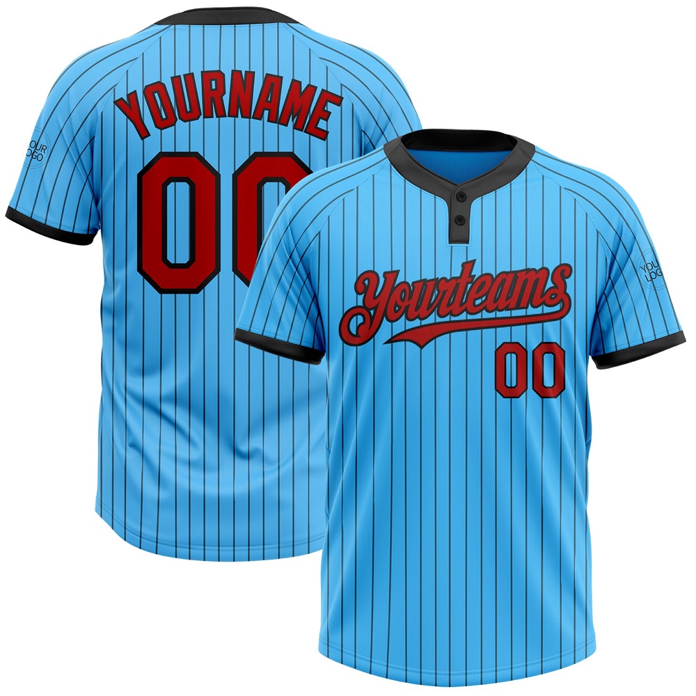 Sky Blue Black Pinstripe Red Two Button Unisex Softball Jersey, Custom Team Softball Jersey Sky Blue Black Pinstripe Red Two Button Unisex Softball Jersey, Custom Team Softball Jersey
