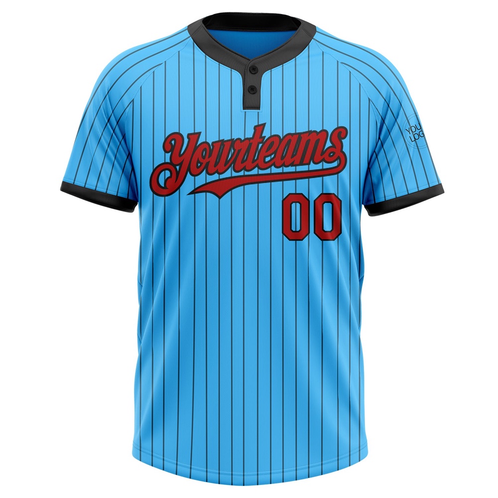 Sky Blue Black Pinstripe Red Two Button Unisex Softball Jersey, Custom Team Softball Jersey Sky Blue Black Pinstripe Red Two Button Unisex Softball Jersey, Custom Team Softball Jersey