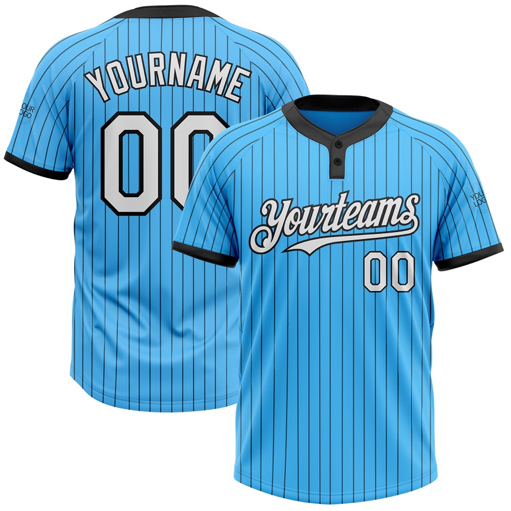 Sky Blue Black Pinstripe White Two Button Unisex Softball Jersey, Custom Team Softball Jersey Sky Blue Black Pinstripe White Two Button Unisex Softball Jersey, Custom Team Softball Jersey