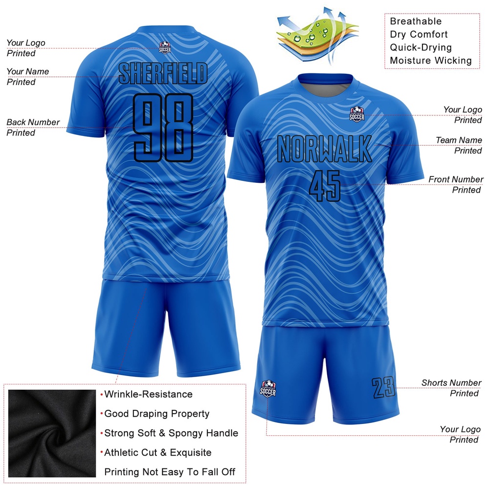 Sky Blue Black Wavy Lines Sublimation Soccer Uniform Jersey, Custom Team Soccer Jersey Shirt