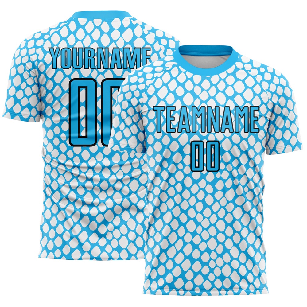 Sky Blue Black White Snake Skin Sublimation Soccer Uniform Jersey, Custom Team Soccer Jersey Shirt Sky Blue Black White Snake Skin Sublimation Soccer Uniform Jersey, Custom Team Soccer Jersey Shirt