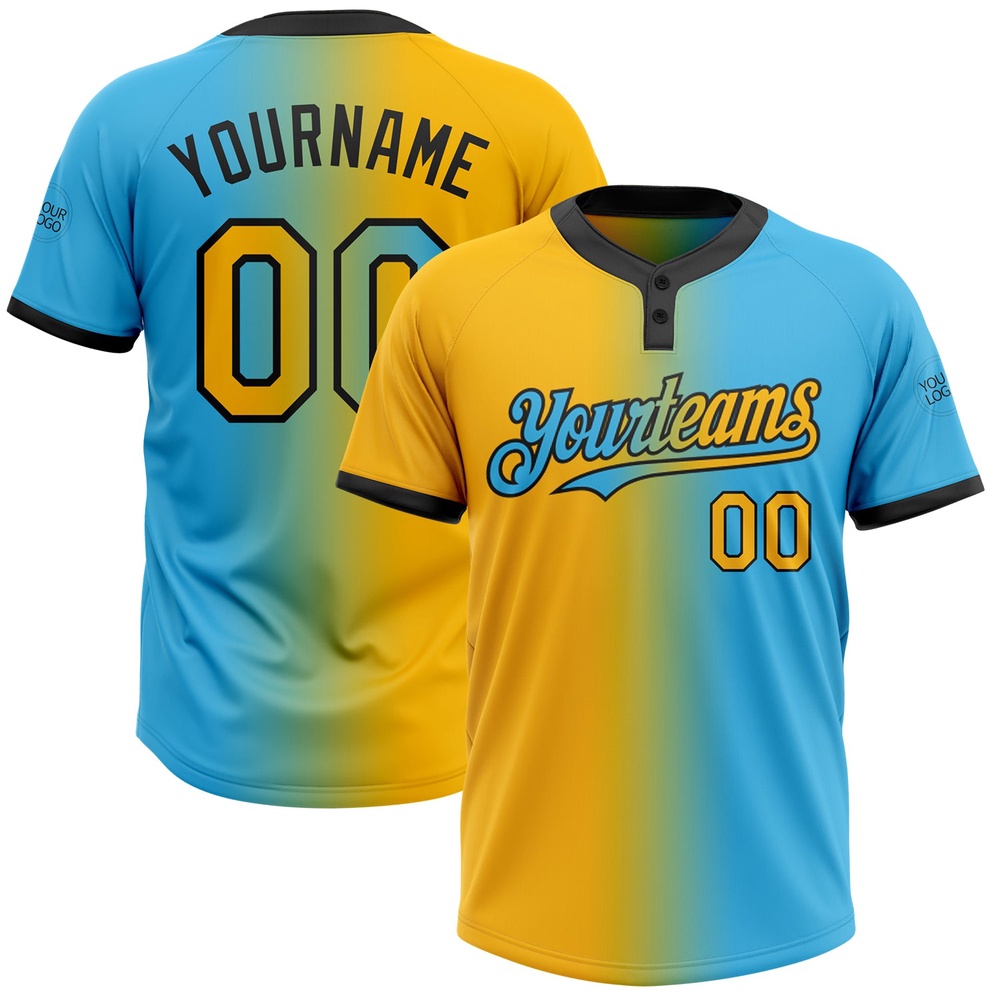 Sky Blue Gold Black Gradient Fashion Two Button Unisex Softball Jersey, Custom Team Softball Jersey