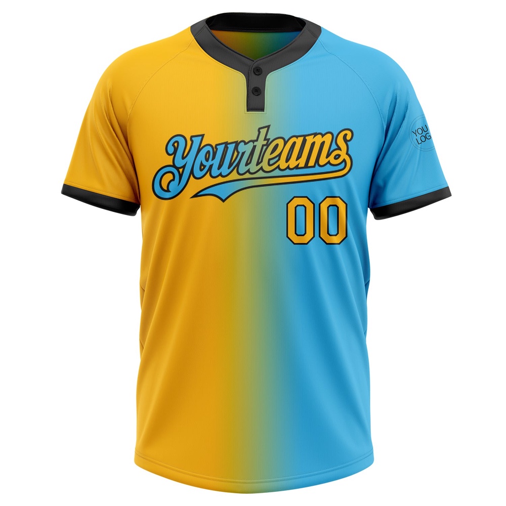 Sky Blue Gold Black Gradient Fashion Two Button Unisex Softball Jersey, Custom Team Softball Jersey