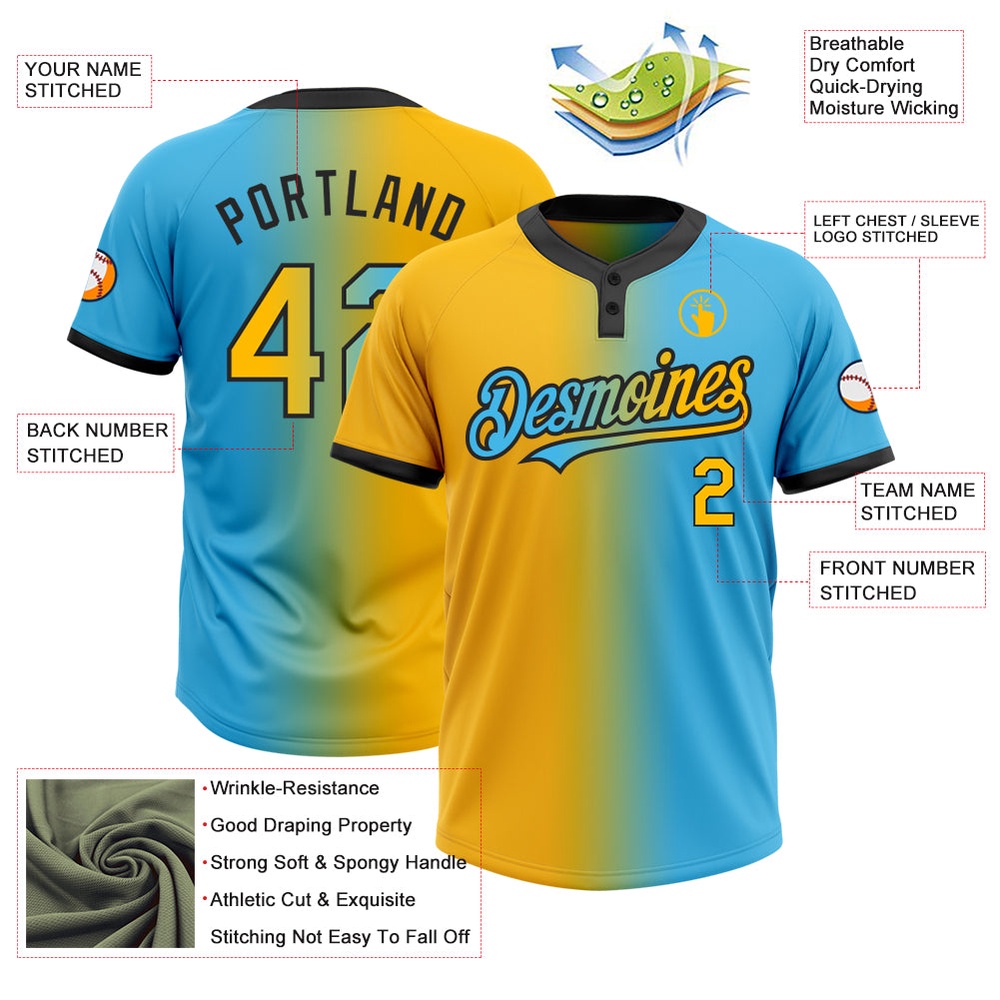 Sky Blue Gold Black Gradient Fashion Two Button Unisex Softball Jersey, Custom Team Softball Jersey