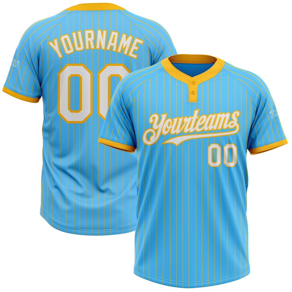 Sky Blue Gold Pinstripe White Two Button Unisex Softball Jersey, Custom Team Softball Jersey