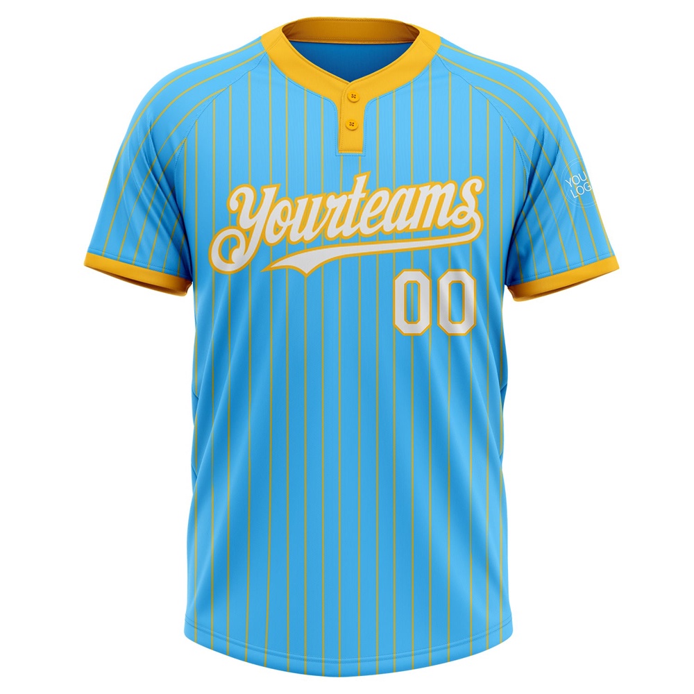 Sky Blue Gold Pinstripe White Two Button Unisex Softball Jersey, Custom Team Softball Jersey