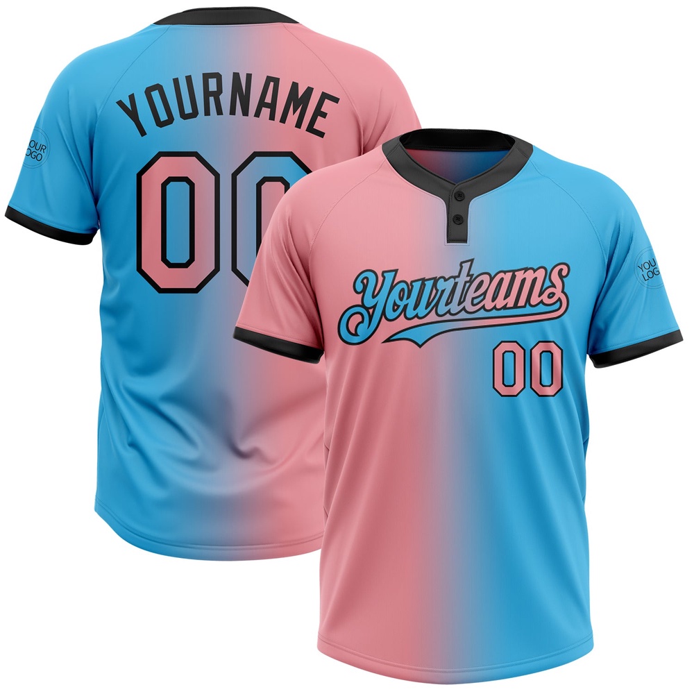 Sky Blue Medium Pink Black Gradient Fashion Two Button Unisex Softball Jersey, Custom Team Softball Jersey Sky Blue Medium Pink Black Gradient Fashion Two Button Unisex Softball Jersey, Custom Team Softball Jersey