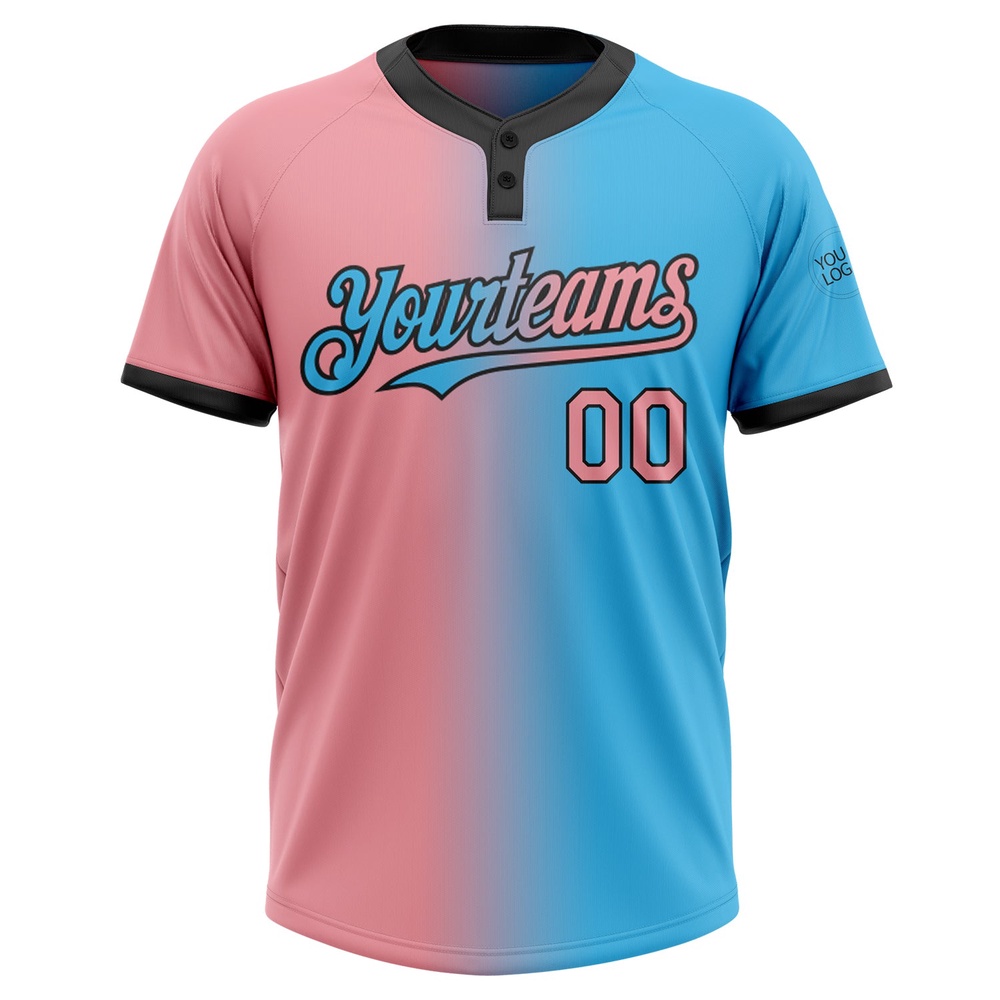 Sky Blue Medium Pink Black Gradient Fashion Two Button Unisex Softball Jersey, Custom Team Softball Jersey Sky Blue Medium Pink Black Gradient Fashion Two Button Unisex Softball Jersey, Custom Team Softball Jersey
