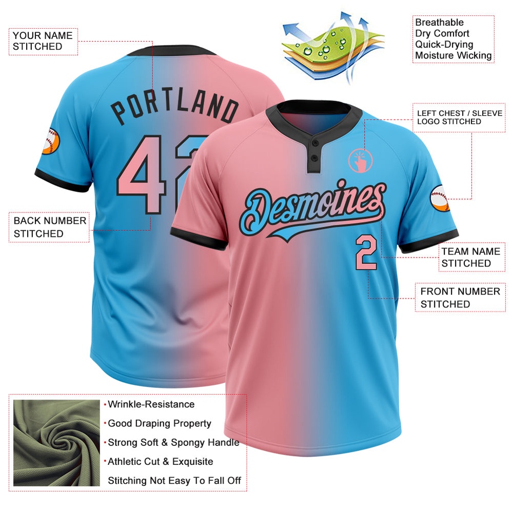 Sky Blue Medium Pink Black Gradient Fashion Two Button Unisex Softball Jersey, Custom Team Softball Jersey Sky Blue Medium Pink Black Gradient Fashion Two Button Unisex Softball Jersey, Custom Team Softball Jersey