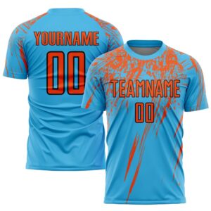 Sky Blue Orange Black Sublimation Soccer Uniform…