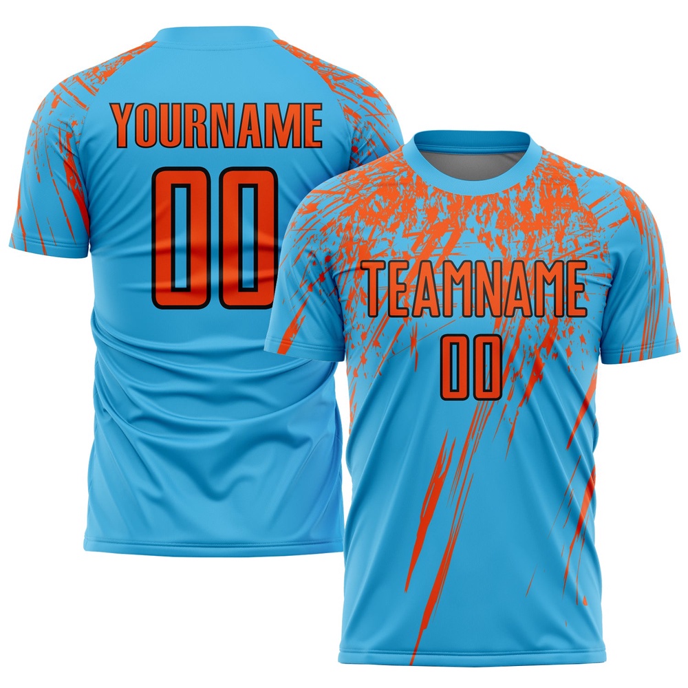 Sky Blue Orange Black Sublimation Soccer Uniform Jersey, Custom Team Soccer Jersey Shirt