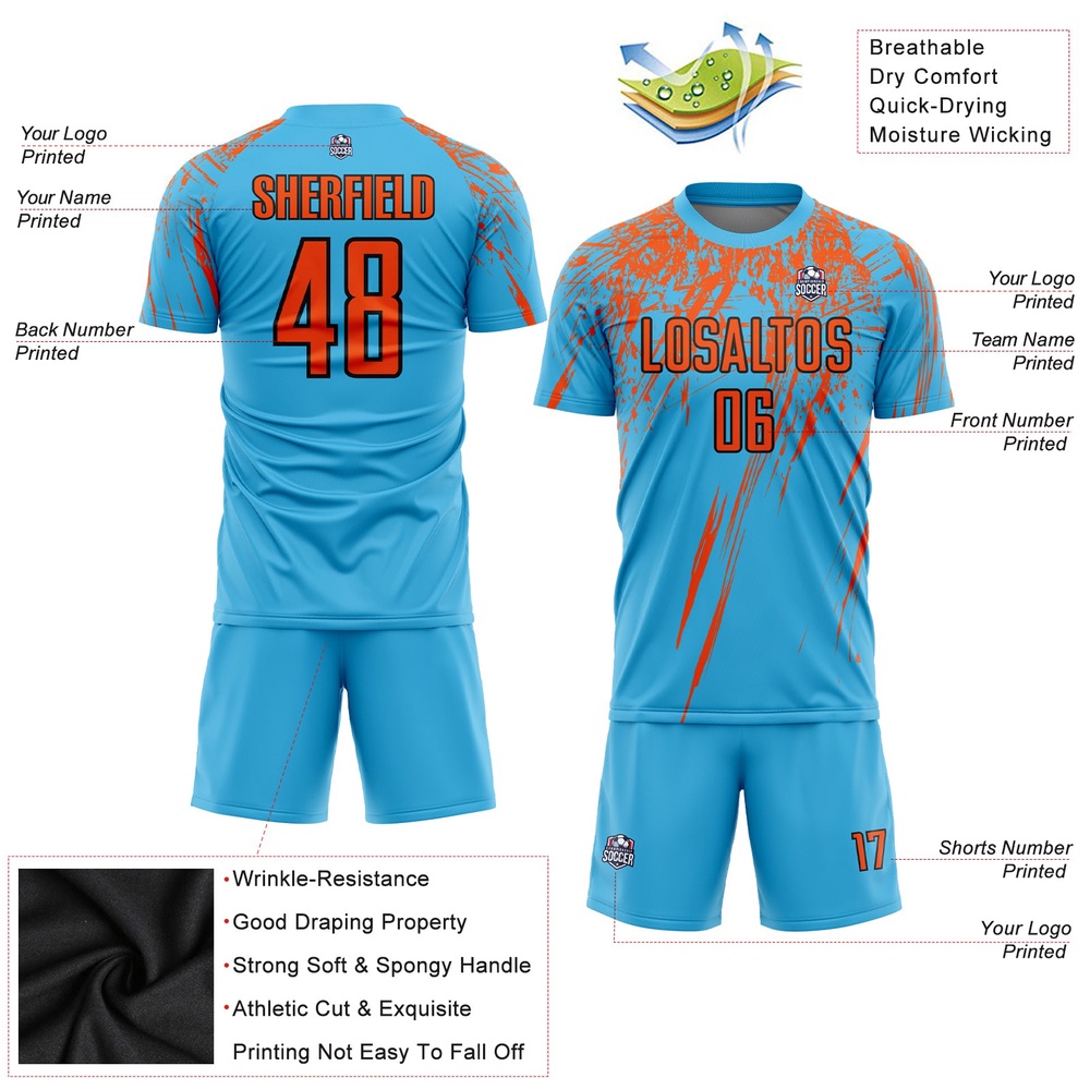 Sky Blue Orange Black Sublimation Soccer Uniform Jersey, Custom Team Soccer Jersey Shirt