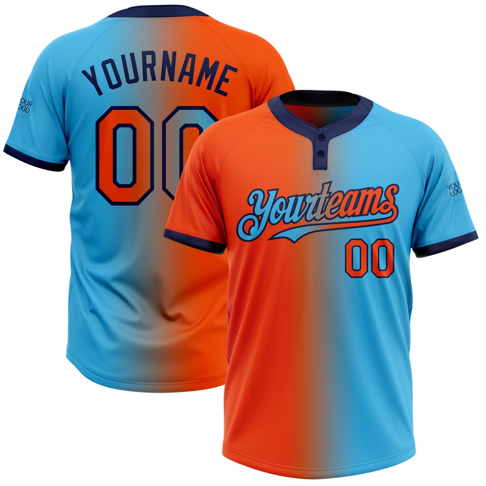 Sky Blue Orange Navy Gradient Fashion Two Button Unisex Softball Jersey, Custom Team Softball Jersey Sky Blue Orange Navy Gradient Fashion Two Button Unisex Softball Jersey, Custom Team Softball Jersey