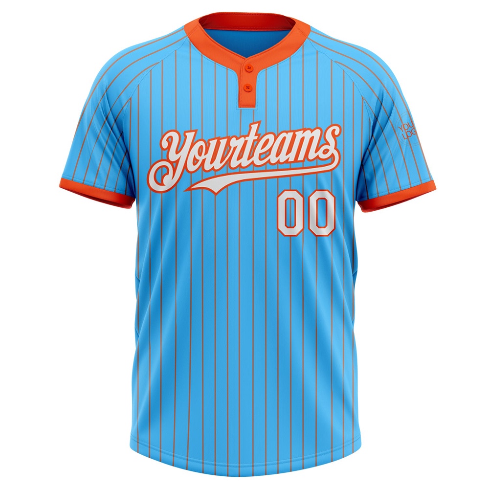 Sky Blue Orange Pinstripe White Two Button Unisex Softball Jersey, Custom Team Softball Jersey Sky Blue Orange Pinstripe White Two Button Unisex Softball Jersey, Custom Team Softball Jersey