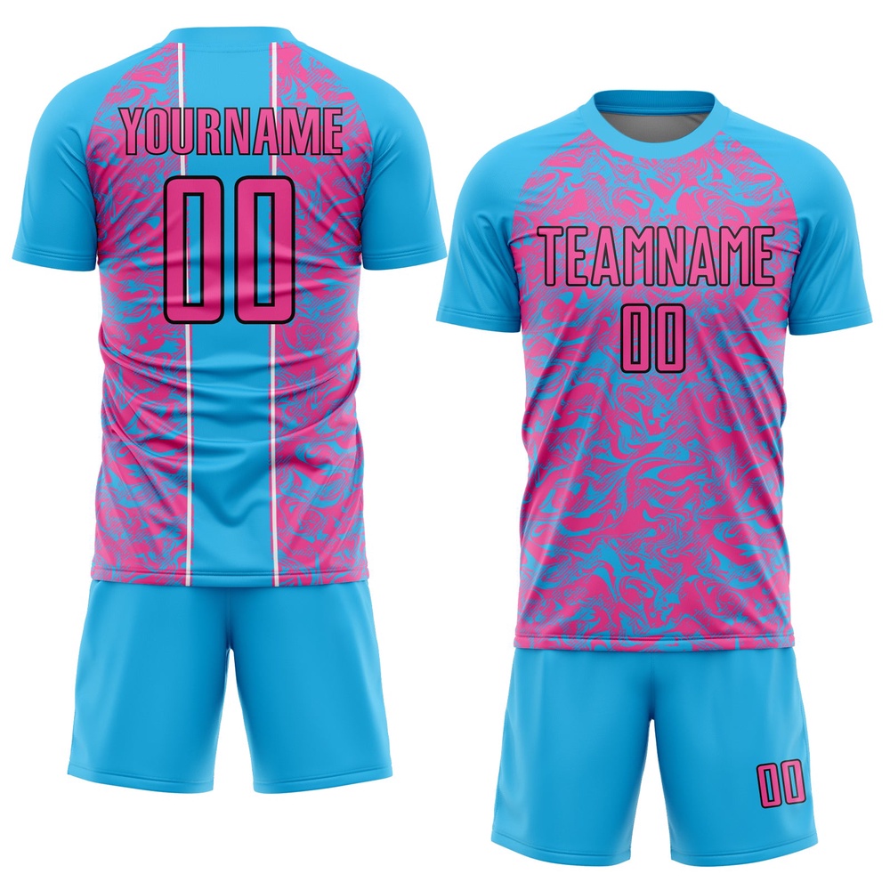 Sky Blue Pink Black Abstract Fluid Sublimation Soccer Uniform Jersey, Custom Team Soccer Jersey Shirt Sky Blue Pink Black Abstract Fluid Sublimation Soccer Uniform Jersey, Custom Team Soccer Jersey Shirt