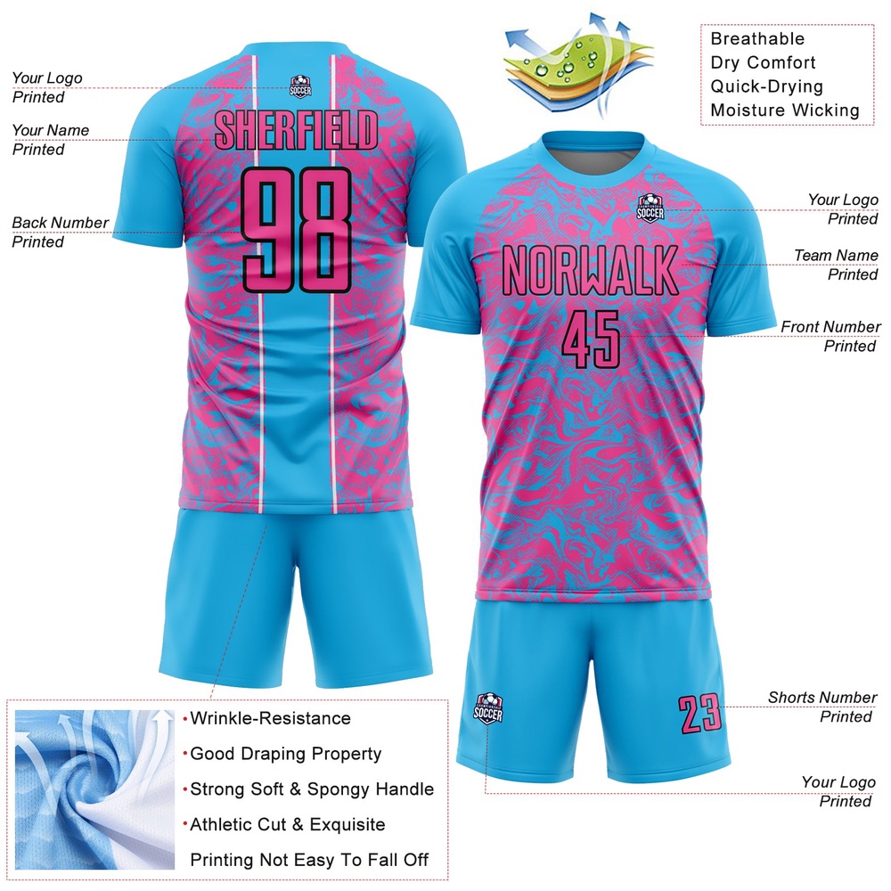 Sky Blue Pink Black Abstract Fluid Sublimation Soccer Uniform Jersey, Custom Team Soccer Jersey Shirt Sky Blue Pink Black Abstract Fluid Sublimation Soccer Uniform Jersey, Custom Team Soccer Jersey Shirt