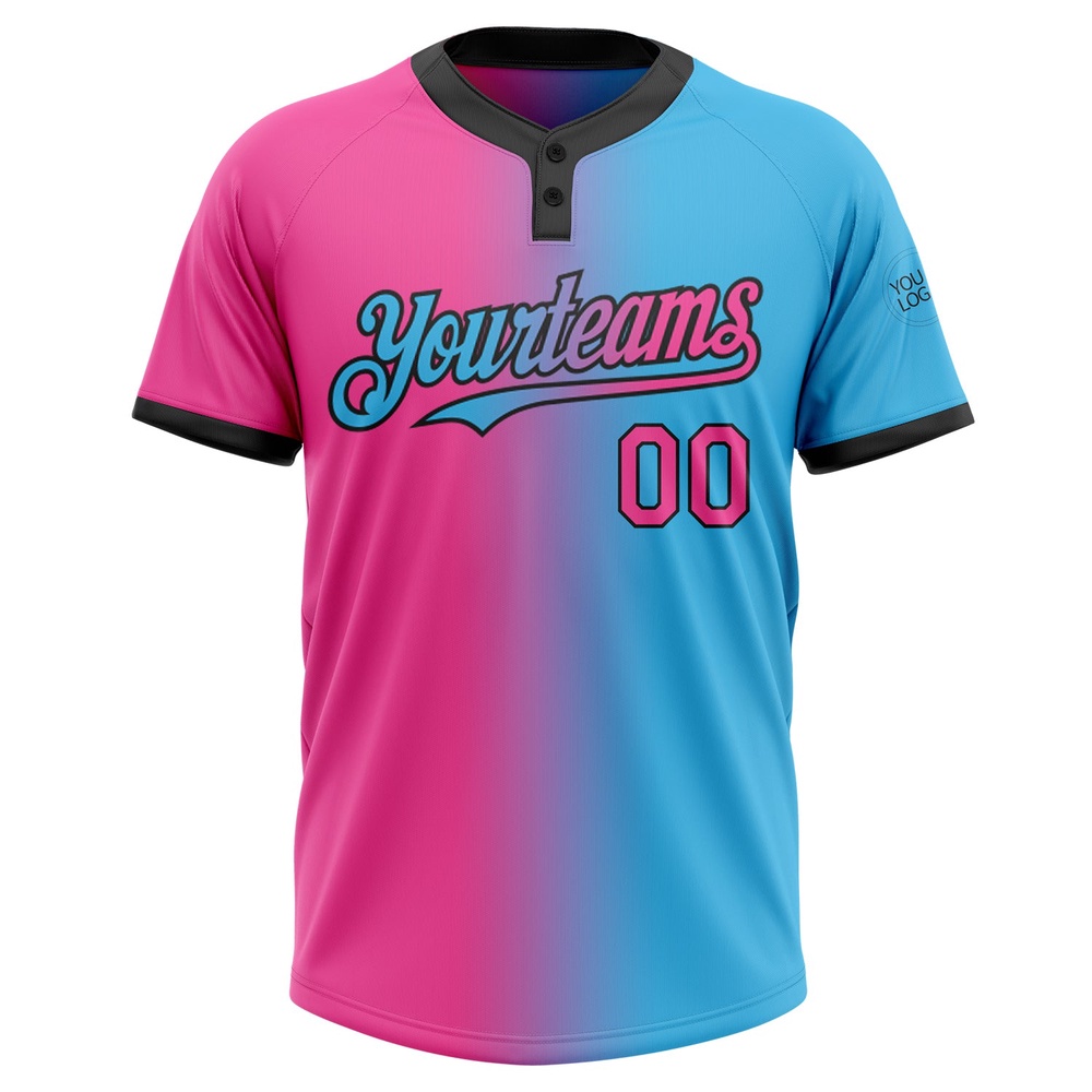 Sky Blue Pink Black Gradient Fashion Two Button Unisex Softball Jersey, Custom Team Softball Jersey Sky Blue Pink Black Gradient Fashion Two Button Unisex Softball Jersey, Custom Team Softball Jersey