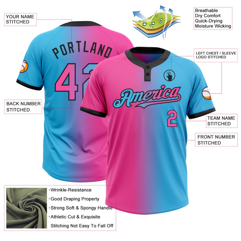 Sky Blue Pink Black Gradient Fashion Two Button Unisex Softball Jersey, Custom Team Softball Jersey Sky Blue Pink Black Gradient Fashion Two Button Unisex Softball Jersey, Custom Team Softball Jersey