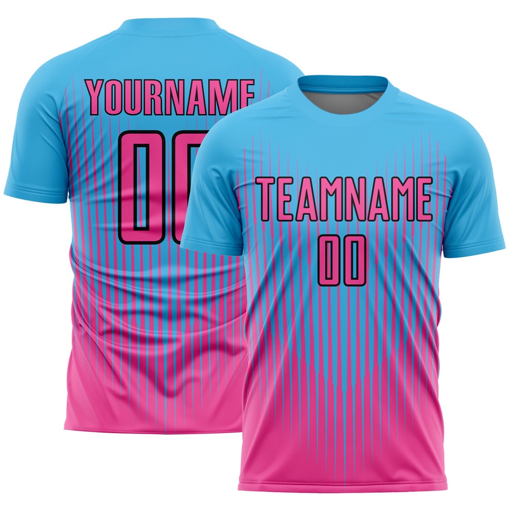 Sky Blue Pink Black Lines Sublimation Soccer Uniform Jersey, Custom Team Soccer Jersey Shirt