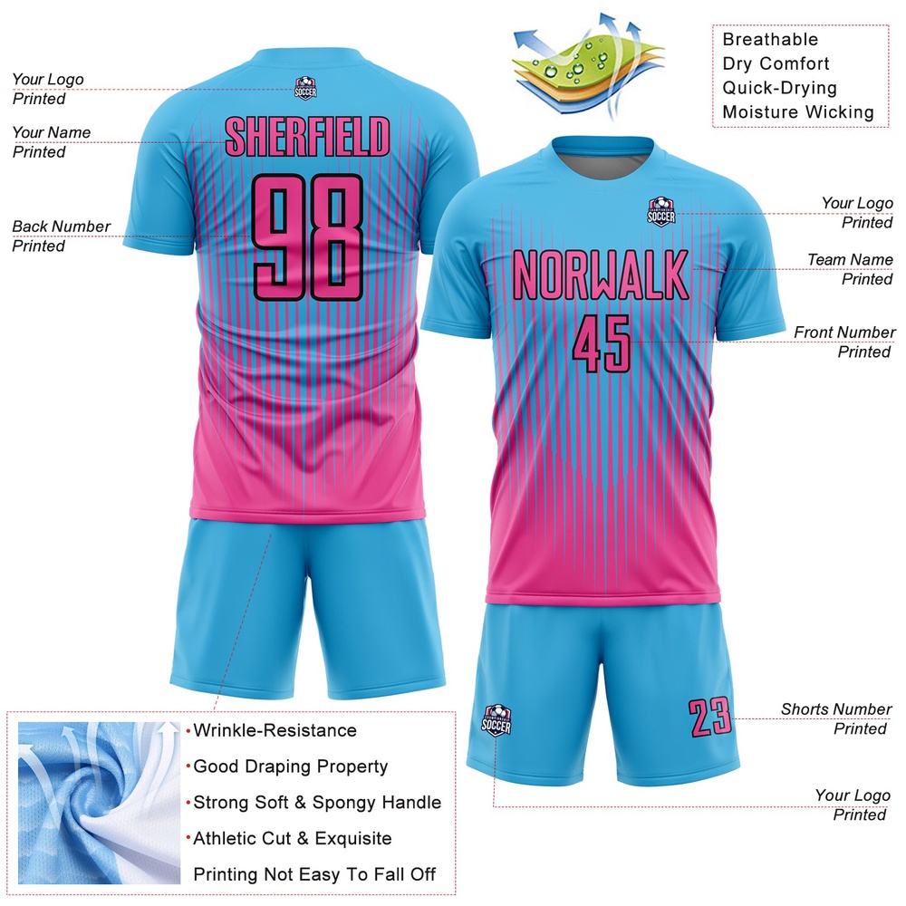 Sky Blue Pink Black Lines Sublimation Soccer Uniform Jersey, Custom Team Soccer Jersey Shirt