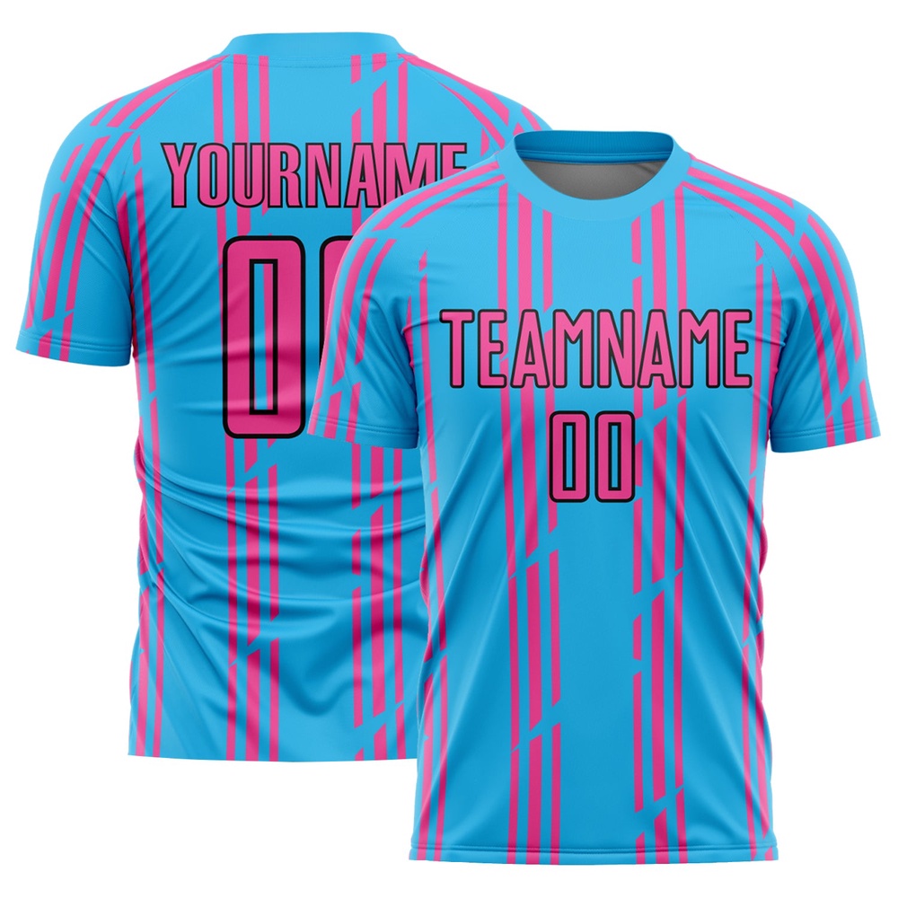 Sky Blue Pink Black Pinstripe Sublimation Soccer Uniform Jersey, Custom Team Soccer Jersey Shirt