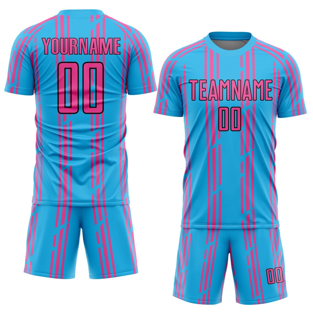 Sky Blue Pink Black Pinstripe Sublimation Soccer Uniform Jersey, Custom Team Soccer Jersey Shirt