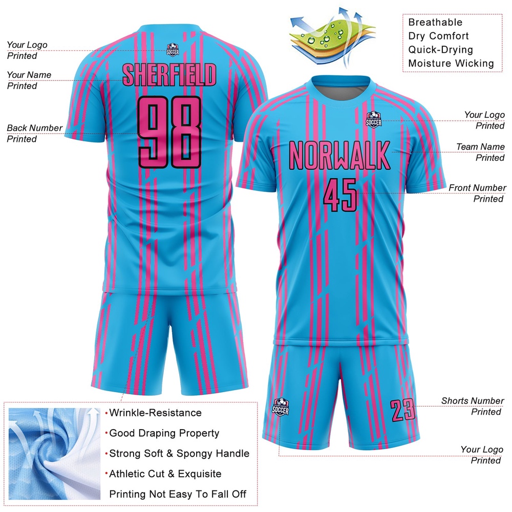 Sky Blue Pink Black Pinstripe Sublimation Soccer Uniform Jersey, Custom Team Soccer Jersey Shirt