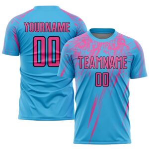Sky Blue Pink Black Sublimation Soccer Uniform…