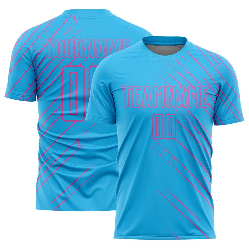 Sky Blue Pink Lines Sublimation Soccer Uniform Jersey, Custom Team Soccer Jersey Shirt
